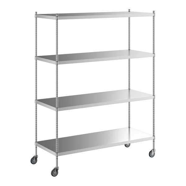 A Regency stainless steel shelving unit with wheels.