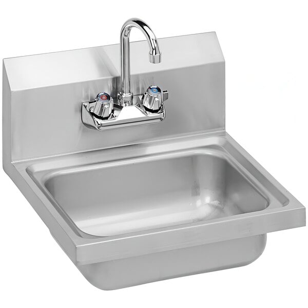 A Zurn stainless steel wall mount hand sink with faucet and soap dispenser.