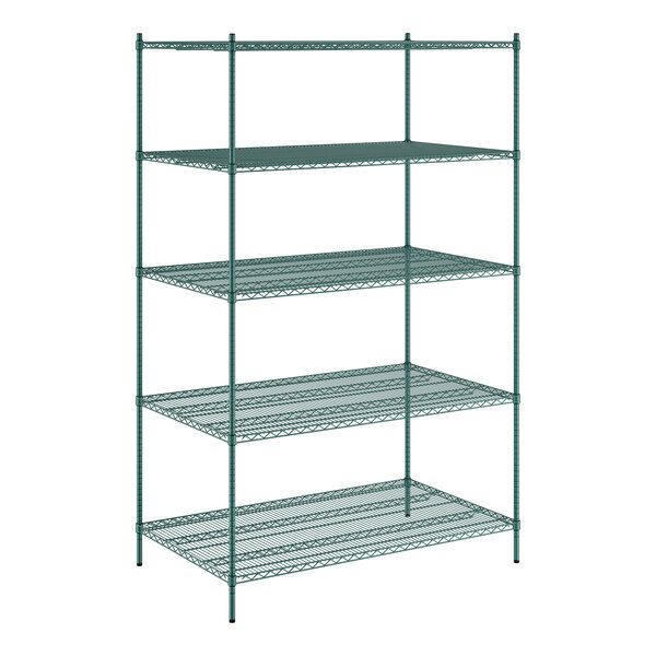 A Regency green wire shelving unit with five shelves.