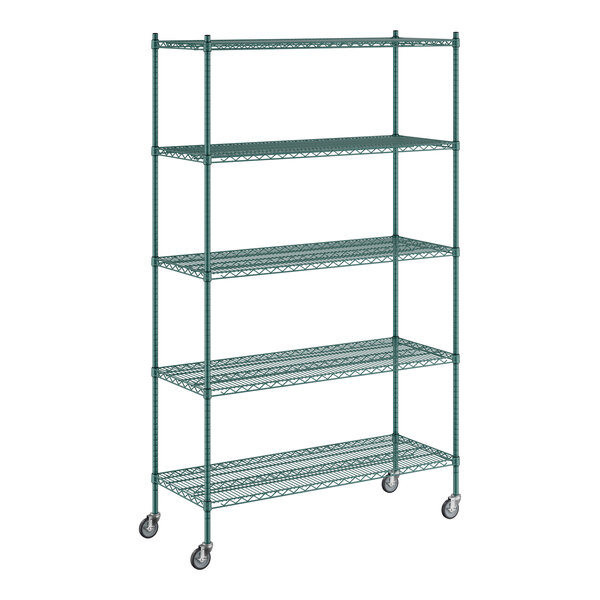 A green metal Regency wire shelving unit with wheels.