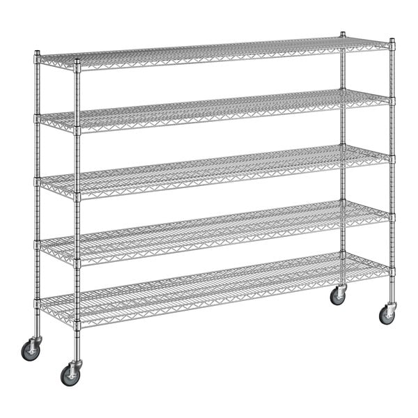 A Regency chrome wire shelving unit with wheels.