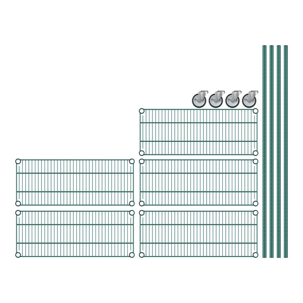 A wire rack with green epoxy coating and wheels with 5 shelves.