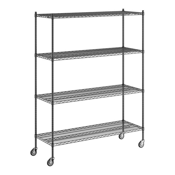 A Regency black wire shelving unit with wheels.