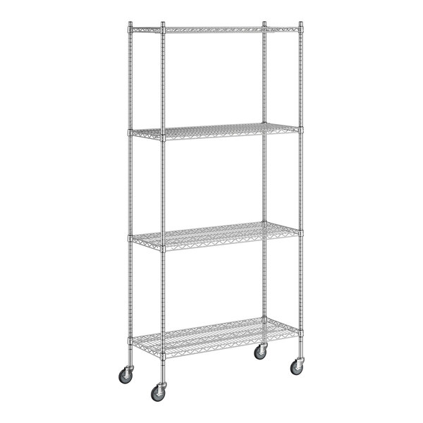 A Regency chrome wire shelving unit with wheels.