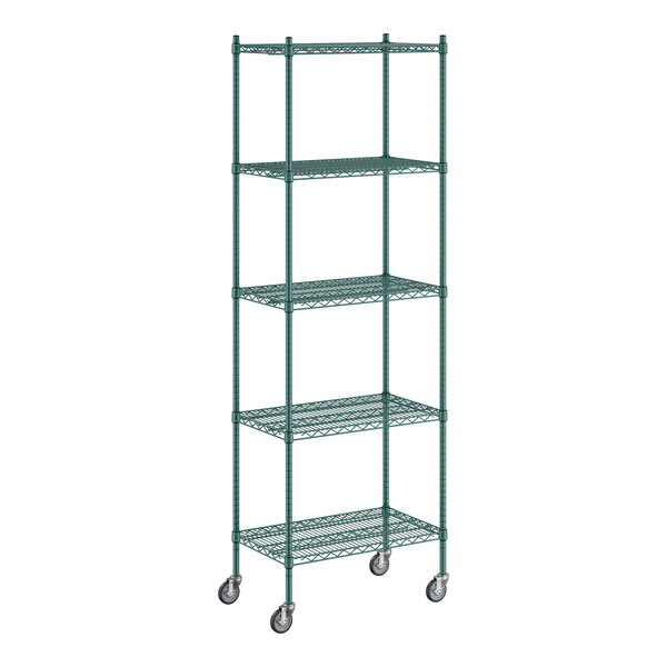 A Regency green wire shelving unit with wheels.