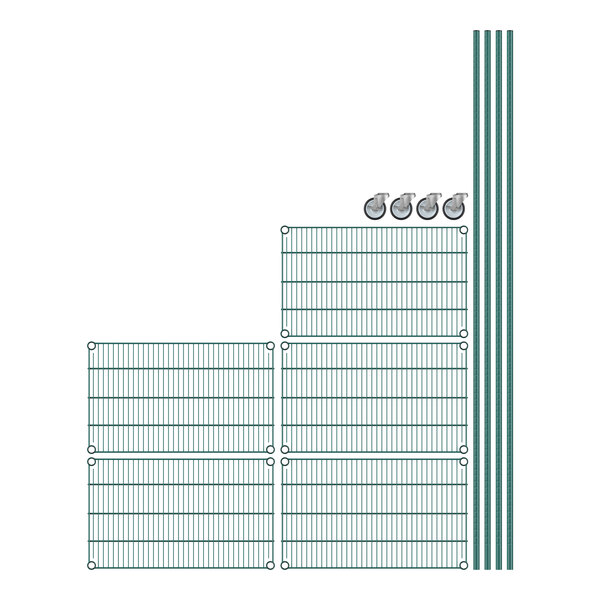 A close-up of a green wire grid shelf.