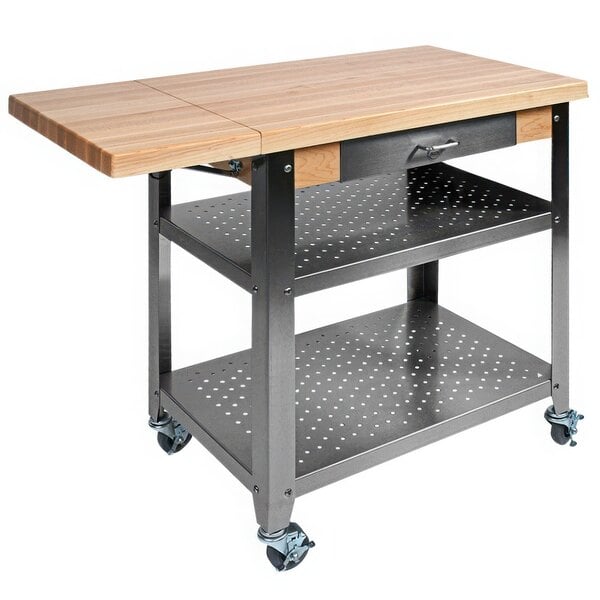 A John Boos wood and metal kitchen cart with wheels.