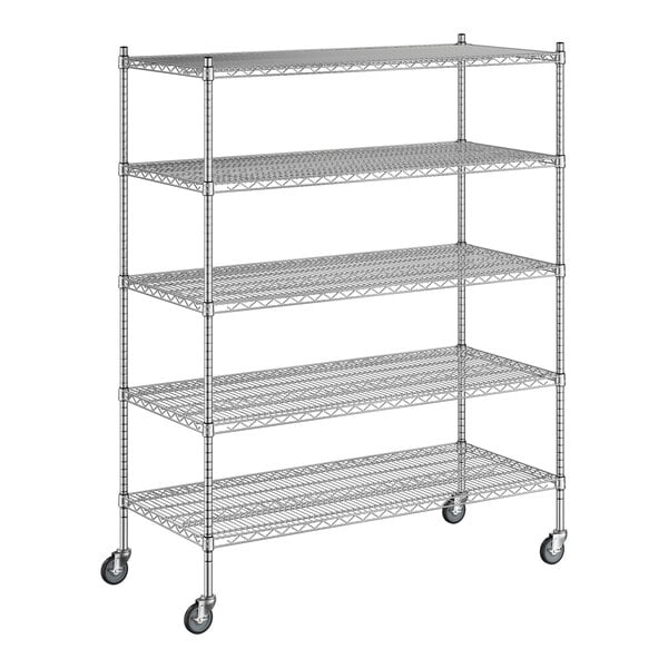 A Regency chrome wire shelving unit with wheels and four shelves.