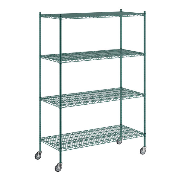 A green metal Regency wire shelving unit with wheels.