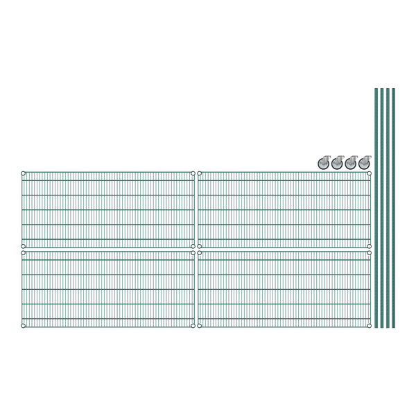 Regency wire shelving with green and blue grid shelves.