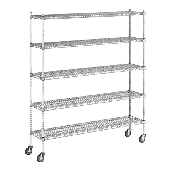 A Regency stainless steel wire shelving unit with wheels.