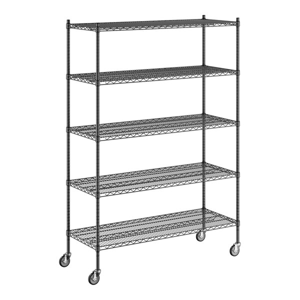 A black Regency wire shelving unit with wheels.