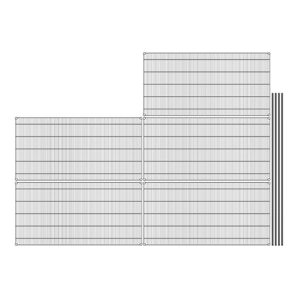 A grid of black wire shelves with metal bars.