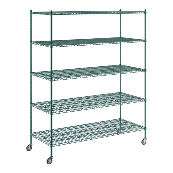 A Regency green wire shelving unit with wheels.