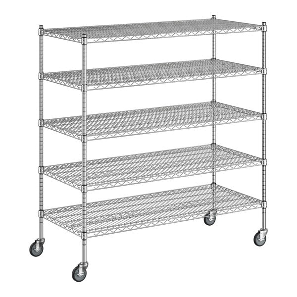 A Regency chrome wire shelving unit with wheels.