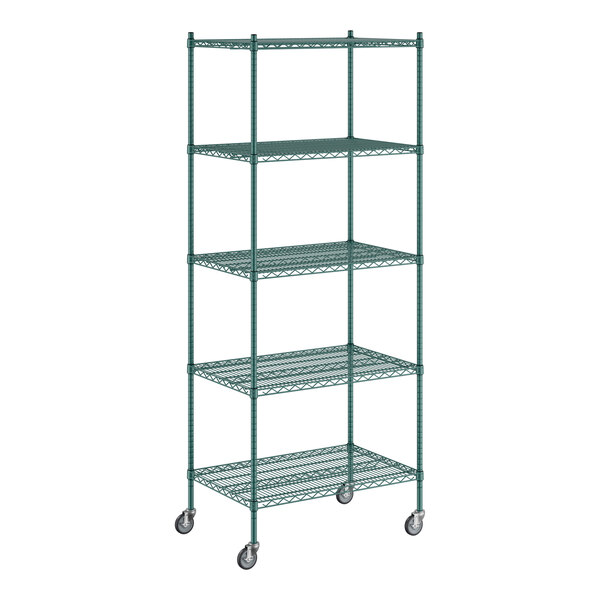 A Regency green wire shelving unit on wheels with 5 shelves.