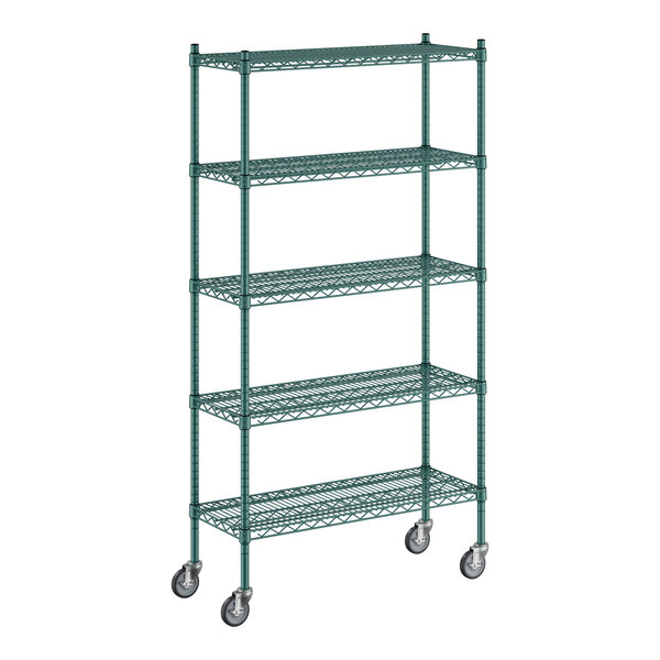 A Regency green metal wire shelving starter kit with wheels.