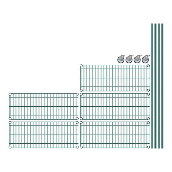 A wire shelving unit with green epoxy coating on some of the bars.