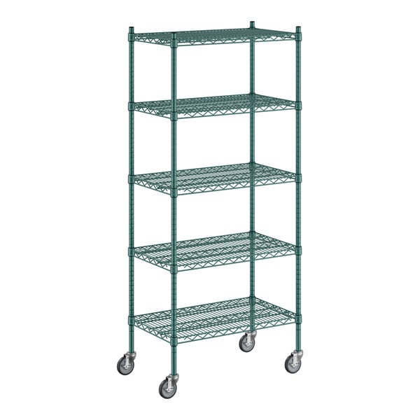 A Regency green wire shelving unit with wheels.