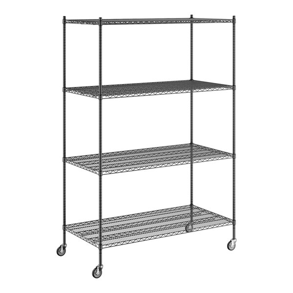 A Regency black wire shelving unit with wheels.