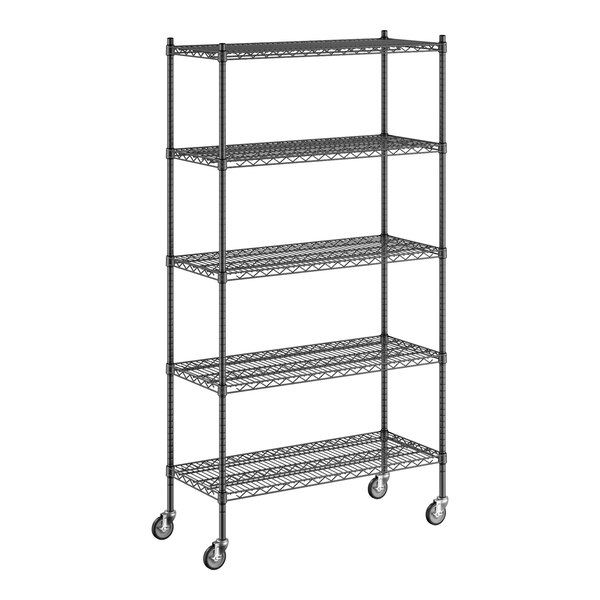 A Regency black wire shelving unit with wheels.