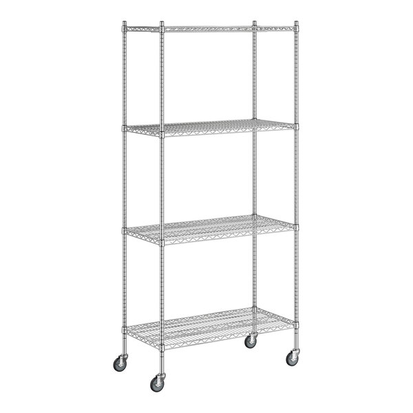 A Regency chrome wire shelving unit with wheels.