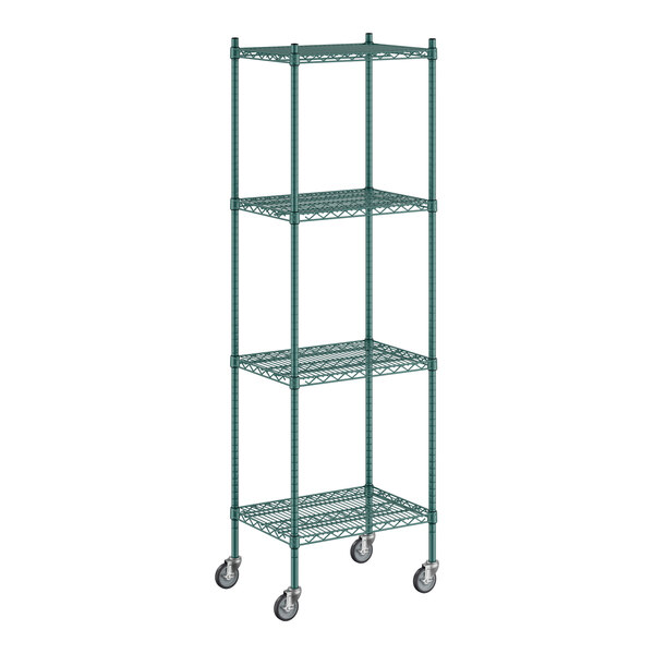 A green Regency wire shelving unit with wheels.