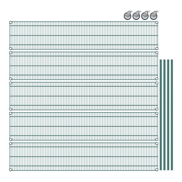 Regency green wire shelving with metal bars in a grid.