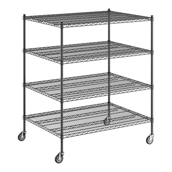 A black wire shelving unit with four shelves.