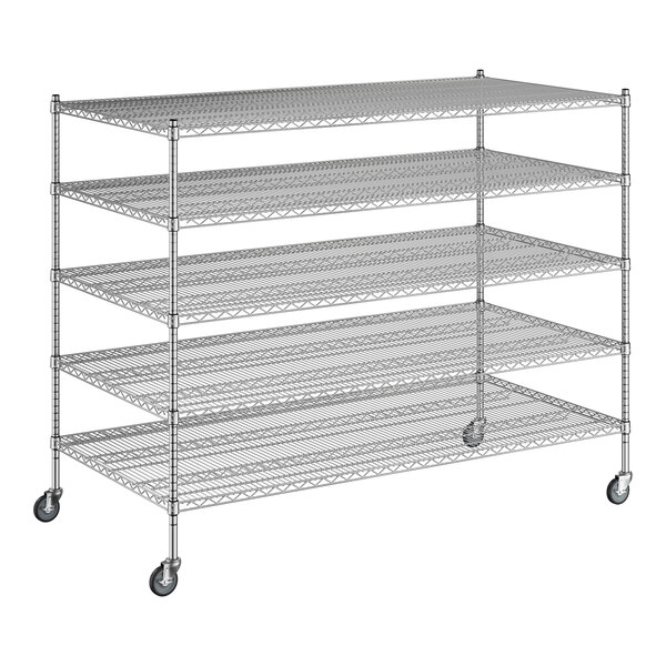 A Regency chrome wire shelving starter unit with wheels and four shelves.