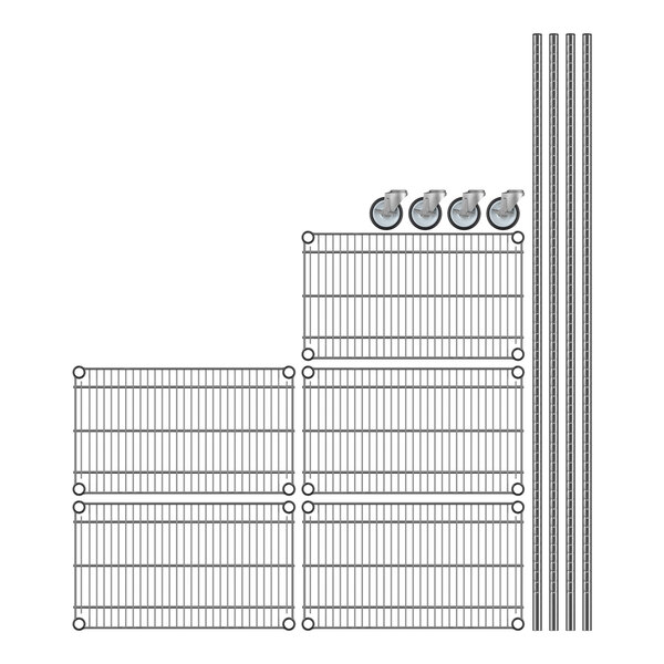 A Regency stainless steel wire rack with wheels.