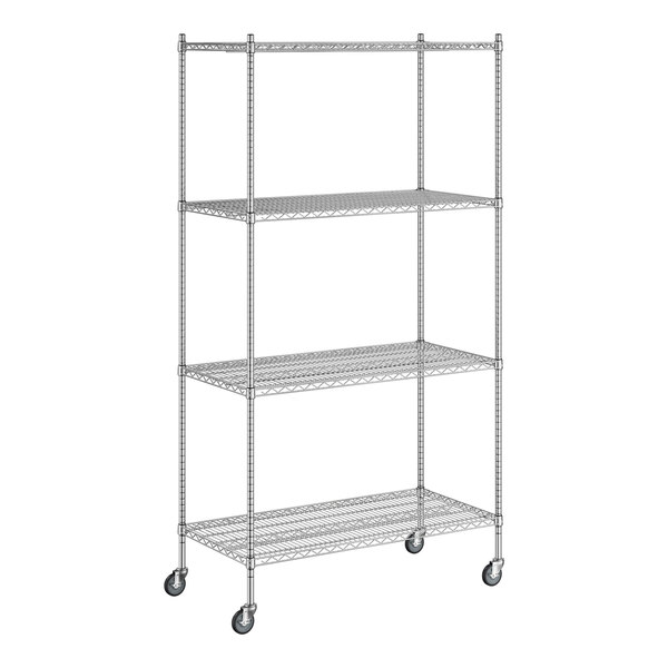 A Regency chrome wire shelving unit with wheels.