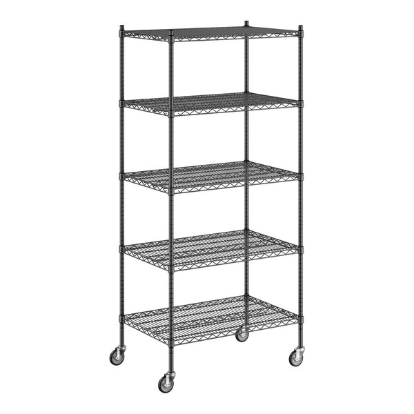 A Regency black wire shelving unit with wheels and five shelves.