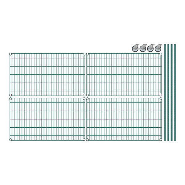 A drawing of a Regency wire shelving unit with a green epoxy finish and four shelves.