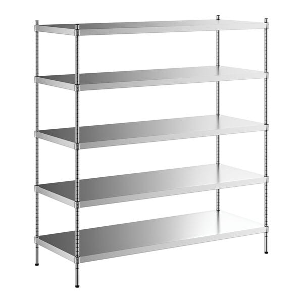 A Regency stainless steel shelving unit with five shelves.