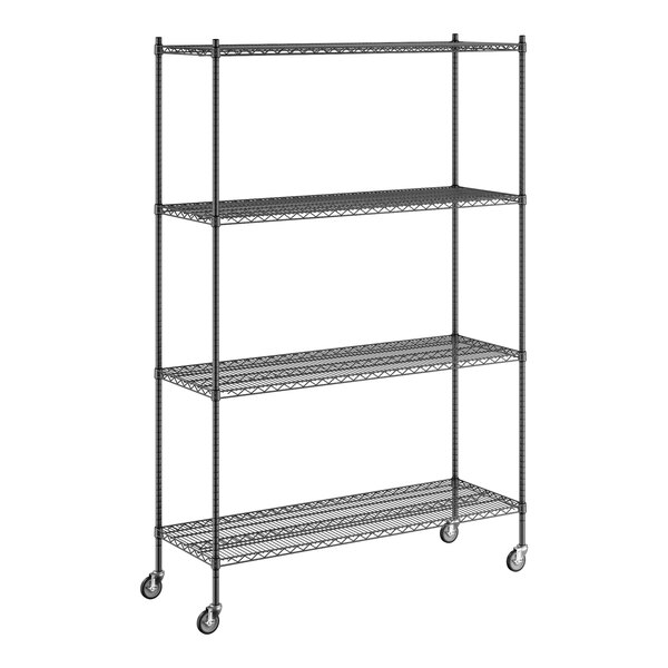 A Regency black wire shelving unit with wheels.