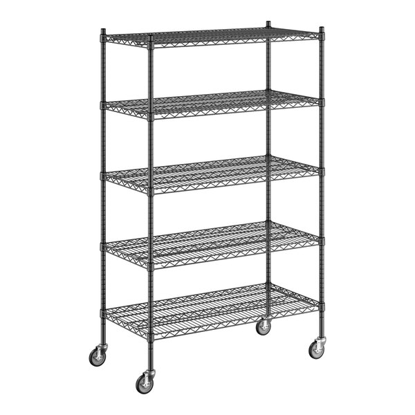 A Regency black wire shelving unit with wheels.