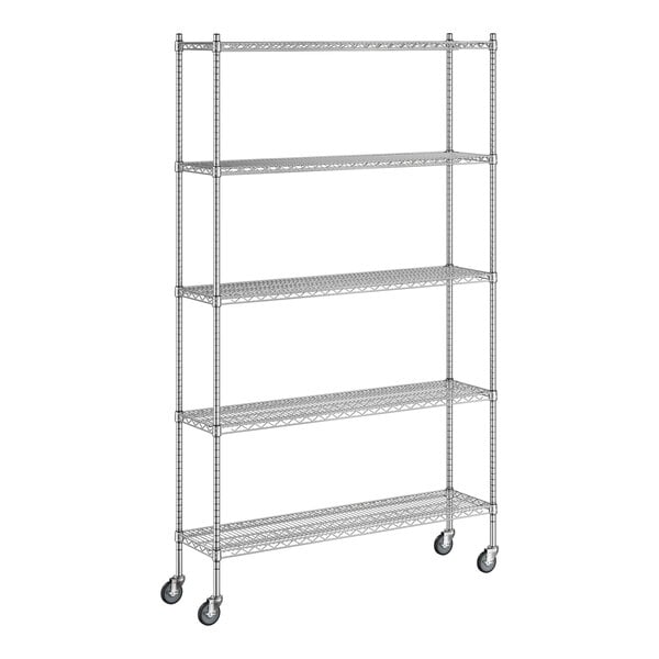 A Regency chrome mobile wire shelving unit with 5 shelves and wheels.