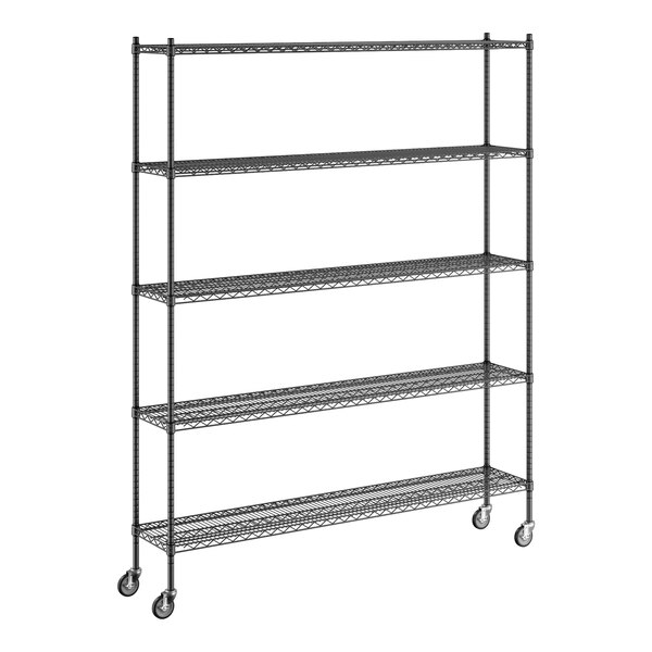 A Regency black wire shelving starter kit with wheels.