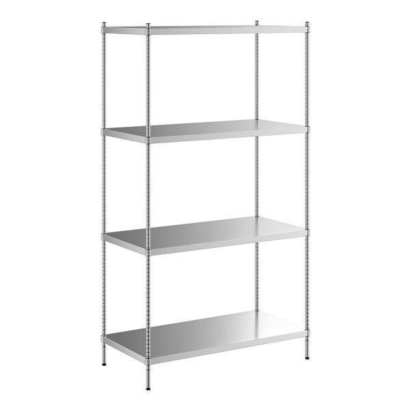 A Regency stainless steel shelving unit with four shelves.