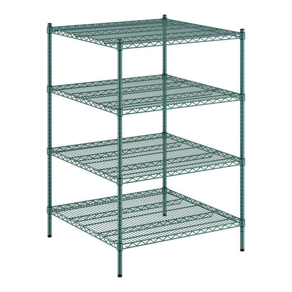 A green wire shelving unit with four shelves.