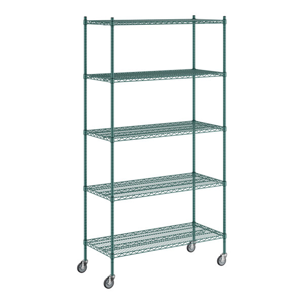 A Regency green wire shelving unit with wheels.