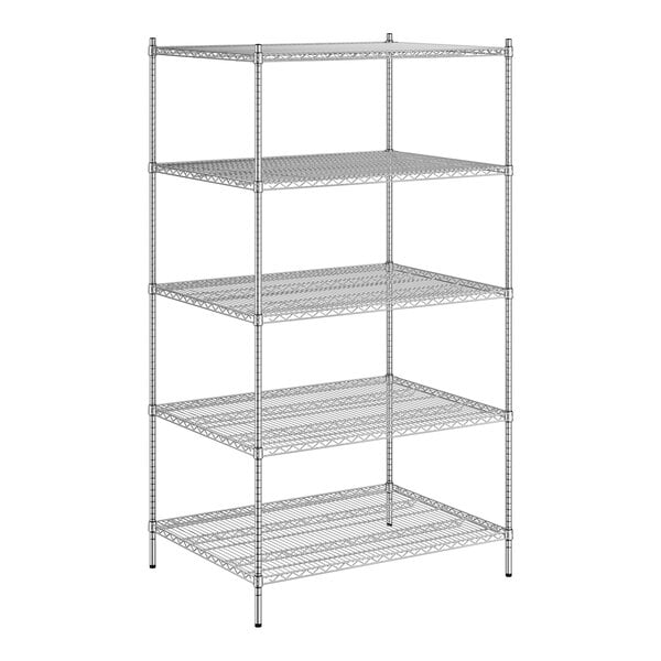 A white wireframe of a Regency chrome stationary shelving unit with four shelves.