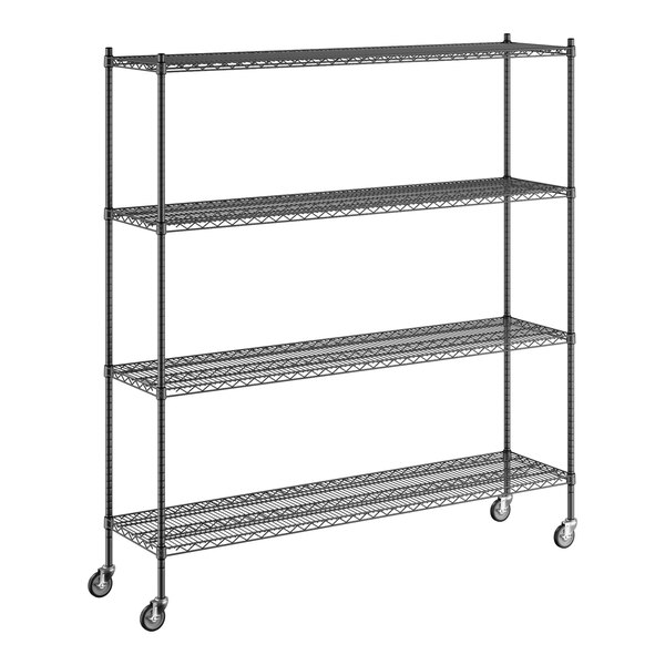 A Regency black wire shelving unit with wheels.