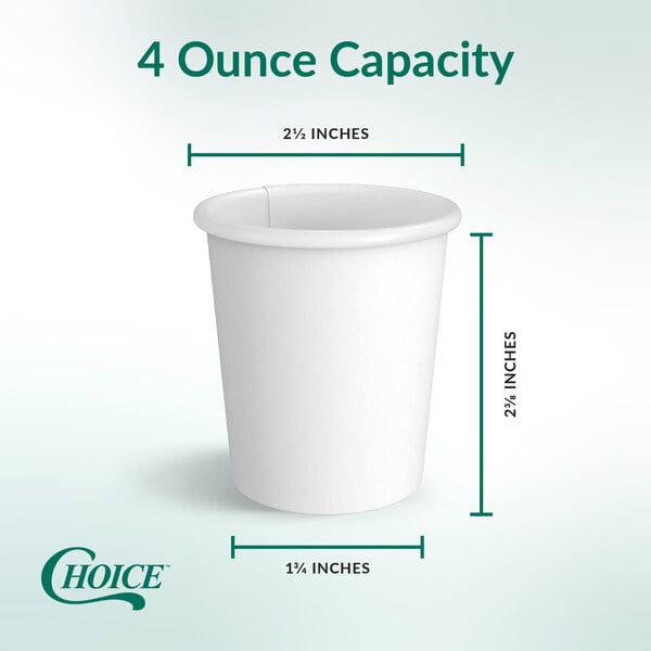 A white 4-ounce poly paper hot cup with measurements indicated for height and diameter.