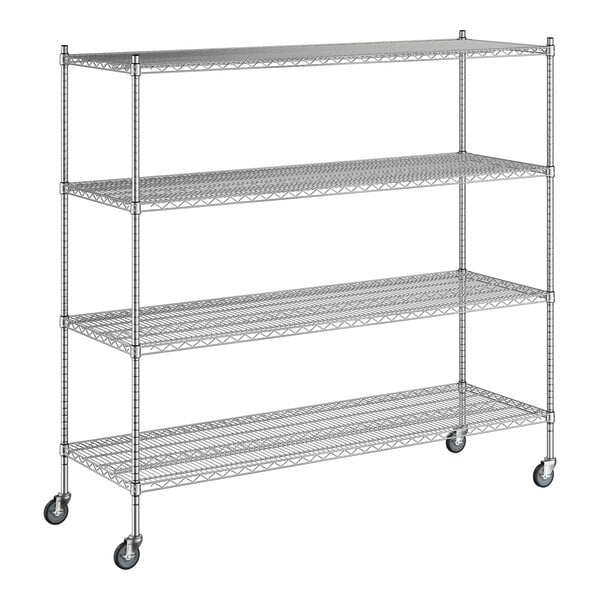 A Regency stainless steel wire shelving unit with wheels.