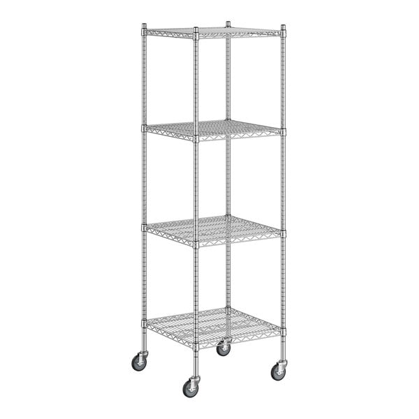 A Regency chrome wire shelving unit with wheels.