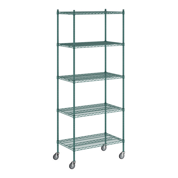 A Regency green wire shelving unit with wheels.