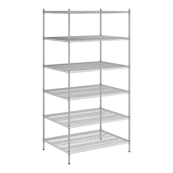 A white wireframe of a Regency metal shelving unit with four shelves.