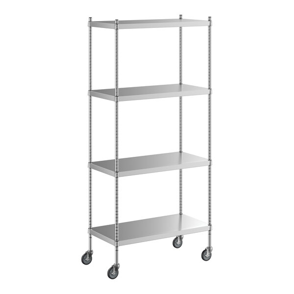 A Regency stainless steel mobile shelving unit with wheels.